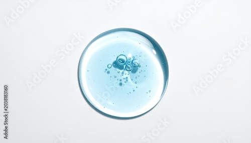Droplet of clear blue liquid with bubbles, white background