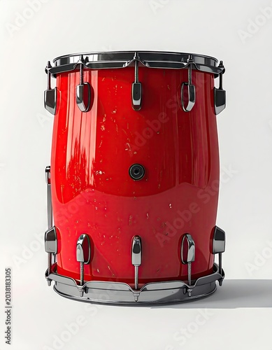 Vibrant, red drum kit component against a white backdrop