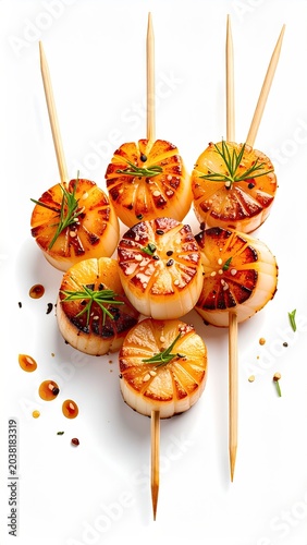 Grilled scallops on skewers with garnishes, white backdrop