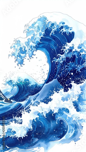 Watercolor illustration of a large blue ocean wave