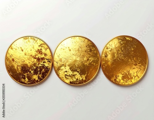 Three golden textured disks arranged on a white background
