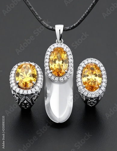 Shiny gemstone jewelry set on dark background