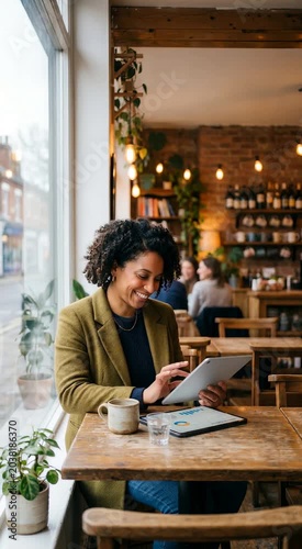 Woman working on tablet in a cafe with warm interior lighting