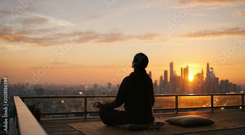 Woman meditating on balcony overlooking city at sunset