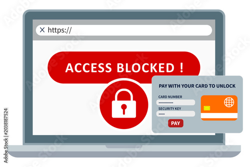 Фотография Laptop displaying access blocked warning with lock icon and fake payment popup demanding credit card to unlock for ransomware and online scam concept
