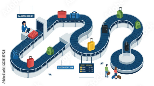 Airport Baggage Claim Conveyor Belt with Luggage and People