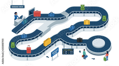 Airport Baggage Claim Conveyor Belt with Luggage and People