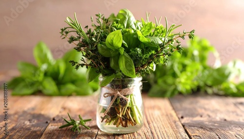 Fresh Herbs in a Jar on a Wooden Table.