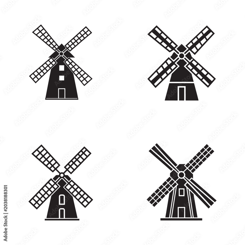 Fototapeta premium Four different simple black silhouettes of traditional windmills with rotating blades on white background for design and icons various styles and shapes