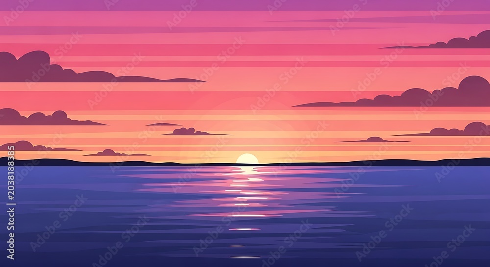 Obraz premium Serene sunset over calm ocean horizon with silhouetted islands.