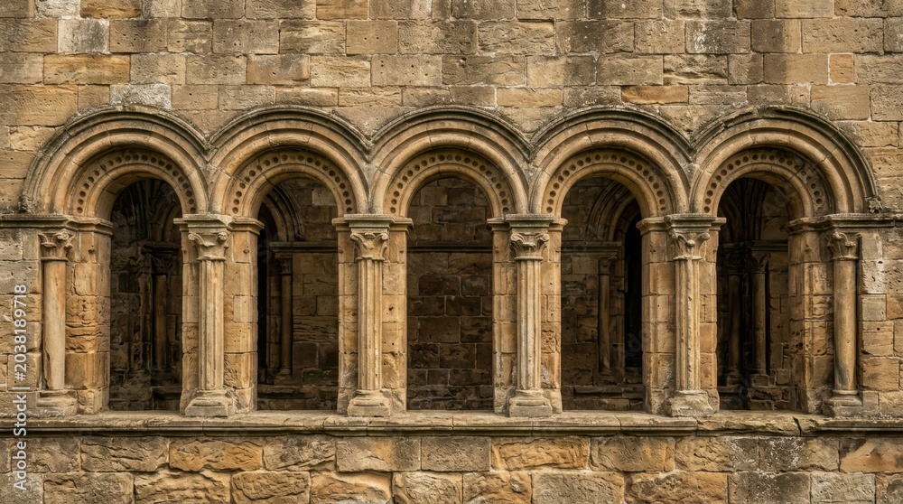 Obraz premium Medieval Romanesque Arches and Columns on Ancient Stone Facade