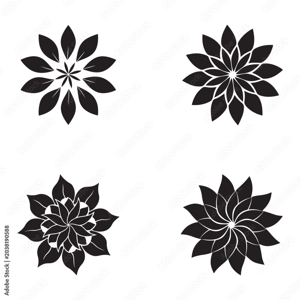 Obraz premium Set of four black floral mandala designs with white accents on white background decorative elements geometric patterns