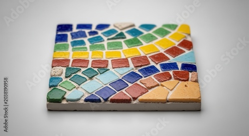 Handcrafted mosaic tile with vibrant multicolored glass pieces on a white background.