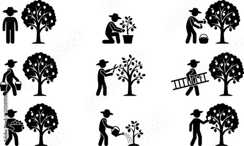 Farmer planting seedling watering potted plant farmer tending tree farmer pruning branch farmer harvesting fruit farmer carrying bucket farmer with ladder.
