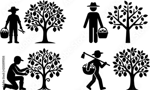Farmer with basket and shears farmer harvesting fruit farmer planting seedling farmer with produce farmer carrying basket farmer tending plant.