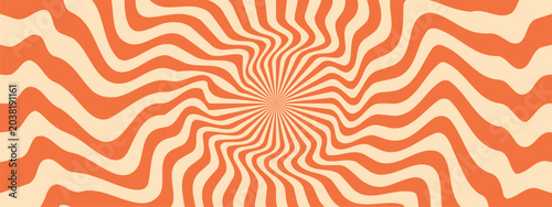 Psychedelic sunburst with spiral swirl. Sun rays pattern. Groovy retro background. 70s vintage summer art.