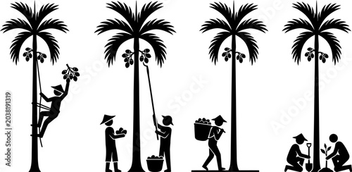 Traditional palm oil and coconut harvesting set featuring stick figures engaged in planting climbing using long tools and carrying produce in baskets on shoulder.