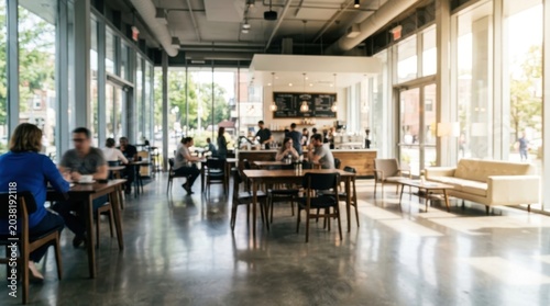 Modern Cafe Interior with Natural Light, Customers Enjoying Coffee and Socializing
