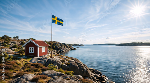 Swedish flag and traditional red cottage on a rocky coastline. Summer landscape in the archipelago of Sweden. National Day of Sweden concept