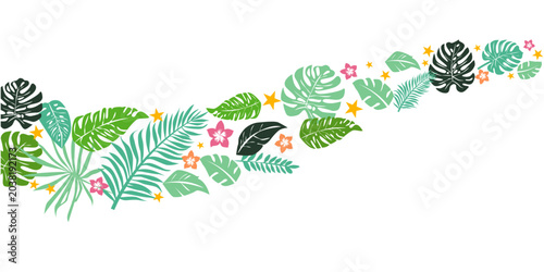 Summer tropical illustration. Summer green and tropical leaves decorative illustration for summer background, banner, graphic design, summer time vector illustration.