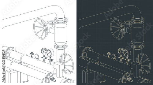 Industrial valves and pressure gauges isometric blueprints