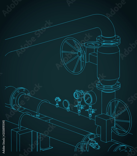 Industrial valves and pressure gauges isometric blueprint