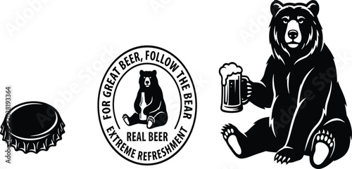 Foto Beer brewery branding set featuring a sitting grizzly bear holding a mug, a roun