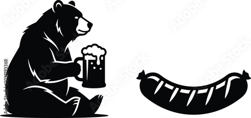 Obraz na płótnie Black and white vector silhouette of a sitting grizzly bear holding a beer mug n