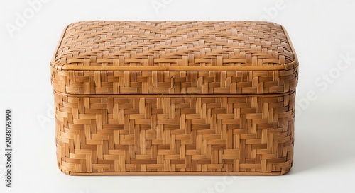 Handcrafted Woven Bamboo Box with Lid on White Background.