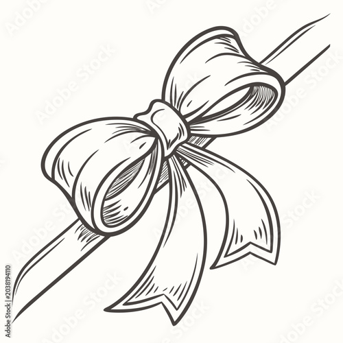 Elegant hand drawn vector illustration featuring a decorative gift bow with flowing ribbons designed in a classic sketchy ink style for creative holiday or celebration projects