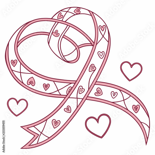Elegant pink ribbon vector illustration featuring decorative heart patterns and flowing curves designed for romantic greeting cards or festive celebrations in a clean minimalist art style