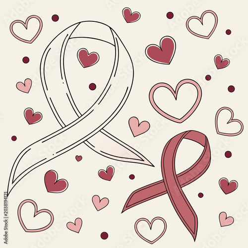Detailed vector illustration of awareness ribbons surrounded by various pink hearts and small dots designed in a simple flat style for medical and health care projects