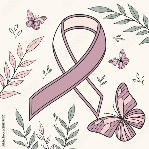 Elegant pink ribbon vector illustration featuring delicate butterflies and botanical leaves for breast cancer awareness month created with soft pastel colors and clean modern line art