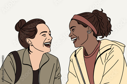 Two happy young female friends laughing together in a vibrant vector illustration featuring bold outlines and flat colors to represent genuine joy and lasting female friendship