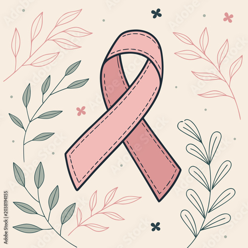 Pink awareness ribbon vector illustration featuring delicate hand drawn foliage elements in a soft aesthetic style for cancer support and medical charity health awareness design projects