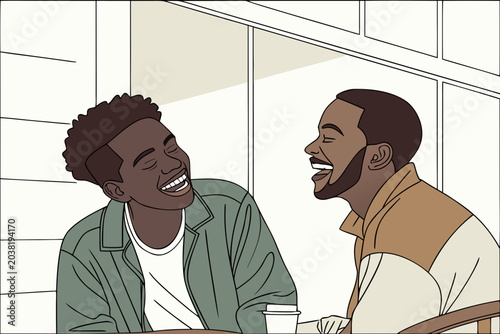 Two young black men laughing together while sitting at a table in this clean flat vector illustration showcasing a happy social interaction between close friends