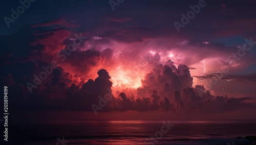 Dramatic, vibrant cloudscapes over dark ocean at dawn, lightning