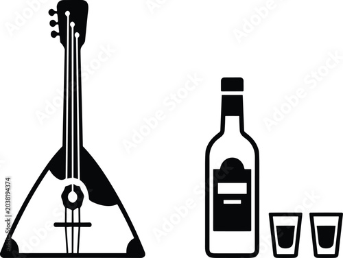 Tableau sur toile Russian culture vector silhouette set featuring a traditional balalaika musical instrument vodka bottle and two shot glasses for image_0e6ce1