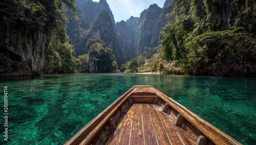 Wooden boat on turquoise river, lush mountains
