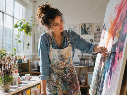 Creative young female artist painting on a large canvas in a bright and sunny art studio.