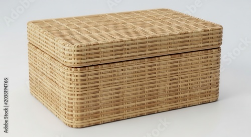 Handcrafted Woven Rattan Storage Box with Lid on White Background.