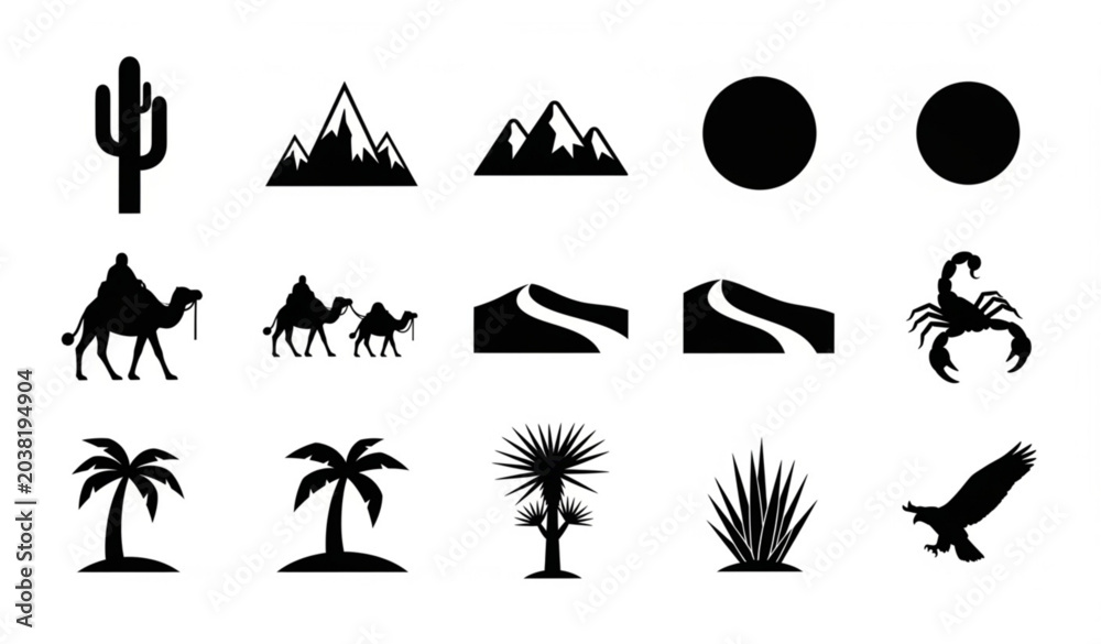 Fototapeta premium Desert and tropical silhouette icons collection