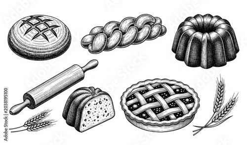 Fotografie Vintage baking illustration set bread pastries and wheat stalks