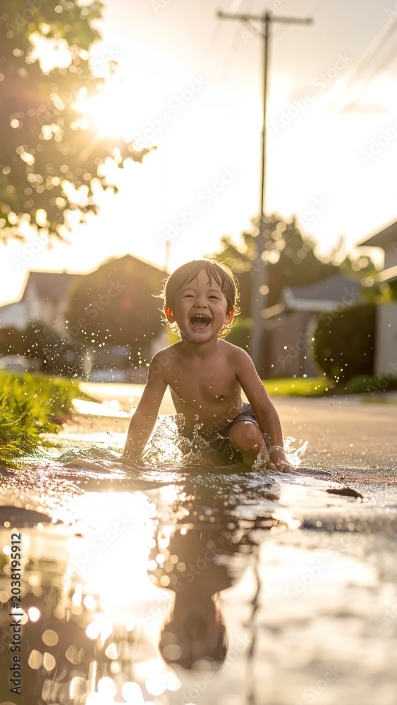 Fototapeta premium Joyful Child Splashing in Puddle During Golden Hour Sunlight.