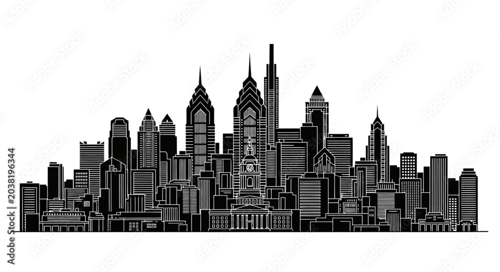 Obraz premium Philadelphia City Skyline Silhouette, Minimalist Urban Vector Illustration