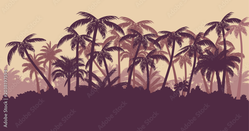 Obraz premium Tropical palm trees panorama silhouette background. Palmeny island view vector illustration. Beautiful beach nature landscape in the evening.