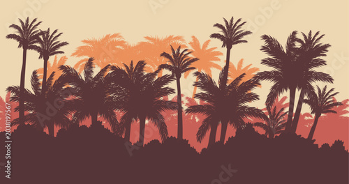 Tropical palm trees panorama silhouette background. Palmeny island view vector illustration. Beautiful beach nature landscape in the evening.