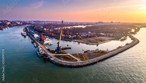 Aerial view of industrial waterfront harbor.