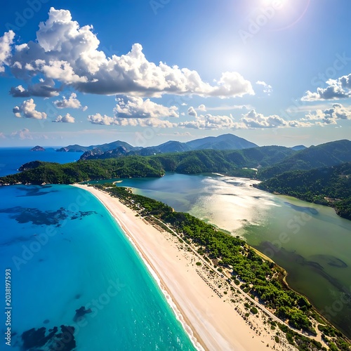 Aerial view of tropical beach landscape.