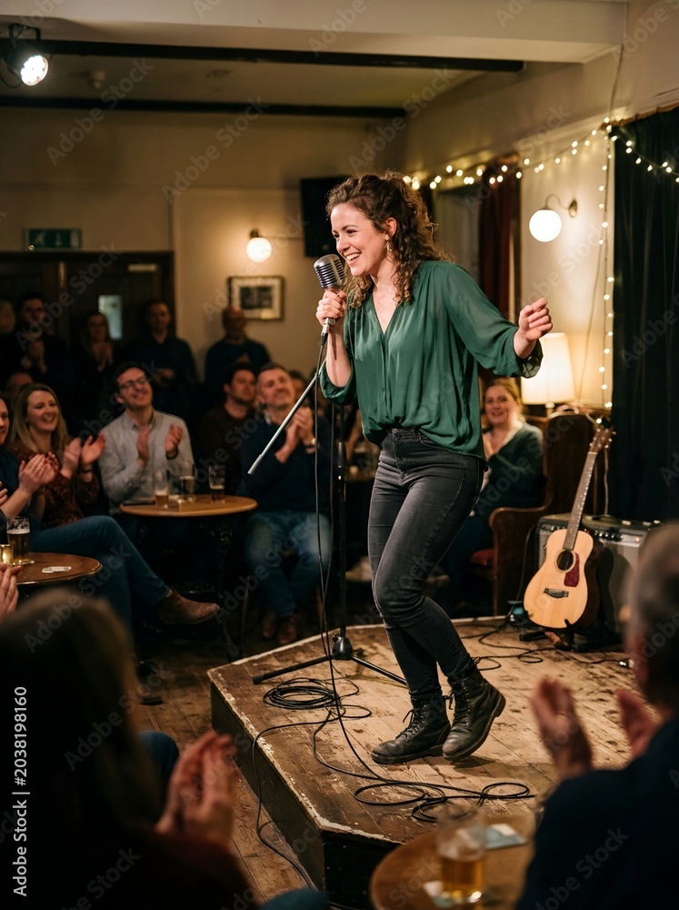 Obraz premium Curly Woman Singer Performing on Wooden Stage with Vintage Microphone in Cozy British Pub, Applauding Crowd
